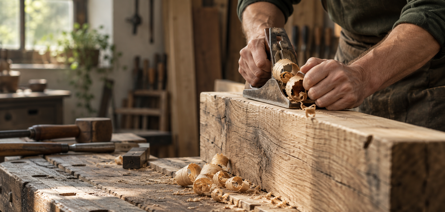 Ambachtsman die een oude eiken balk met de hand schaaft